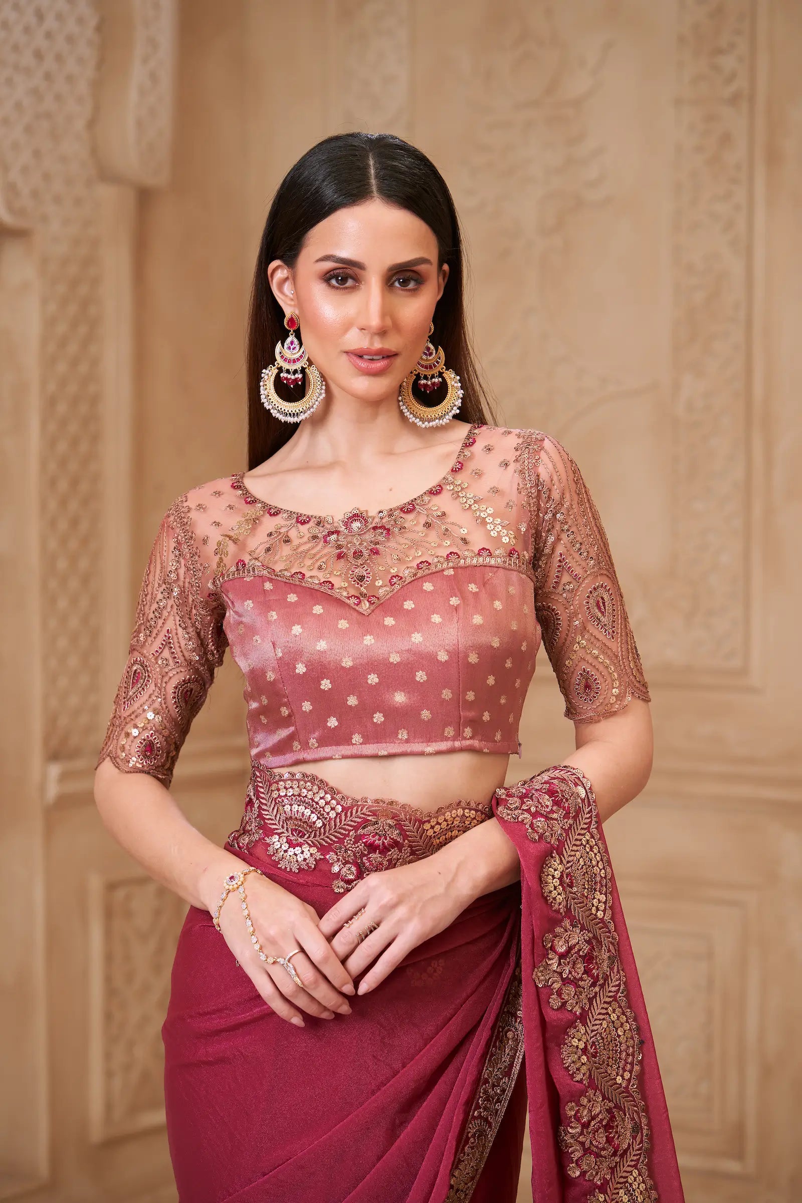 Brick Red Georgette Embroidery Party Wear Saree - qivii