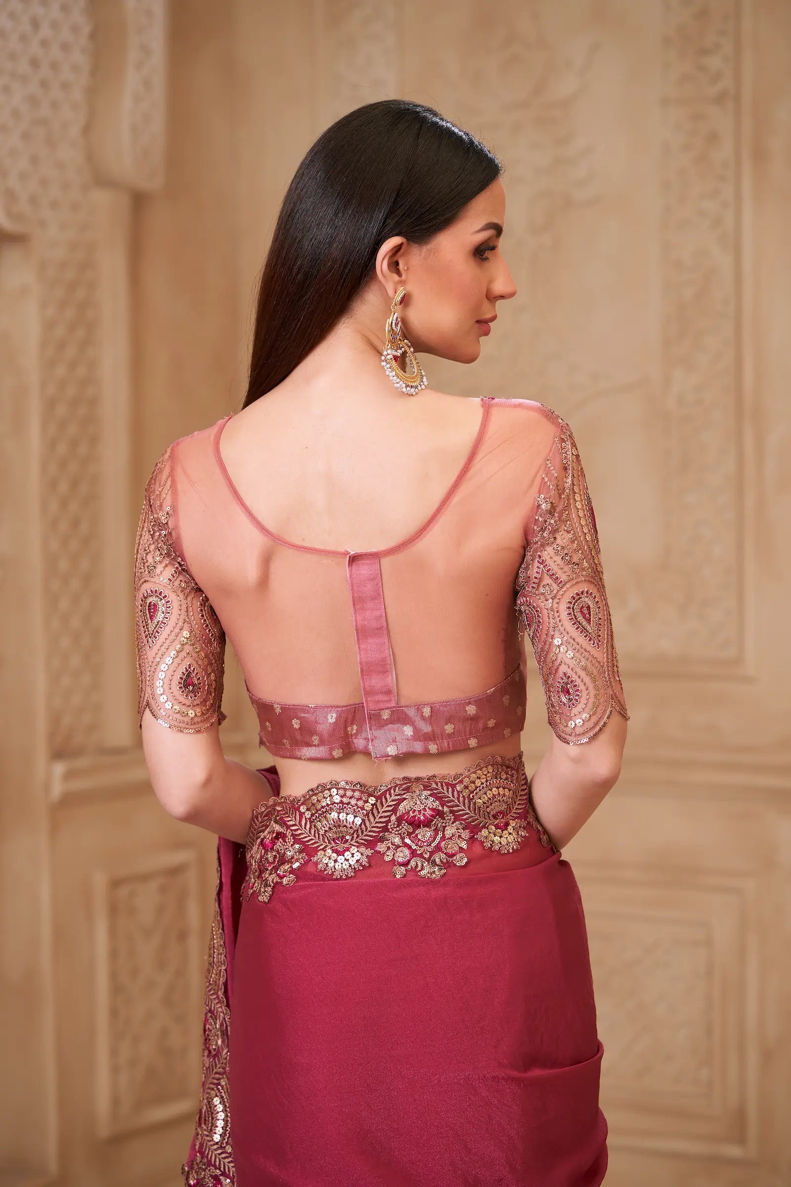 Brick Red Georgette Embroidery Party Wear Saree - qivii