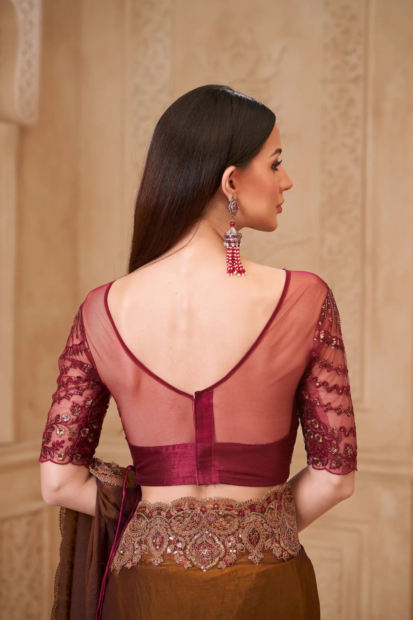 Golden brown Satin Georgette Embroidery Party Wear Saree - qivii