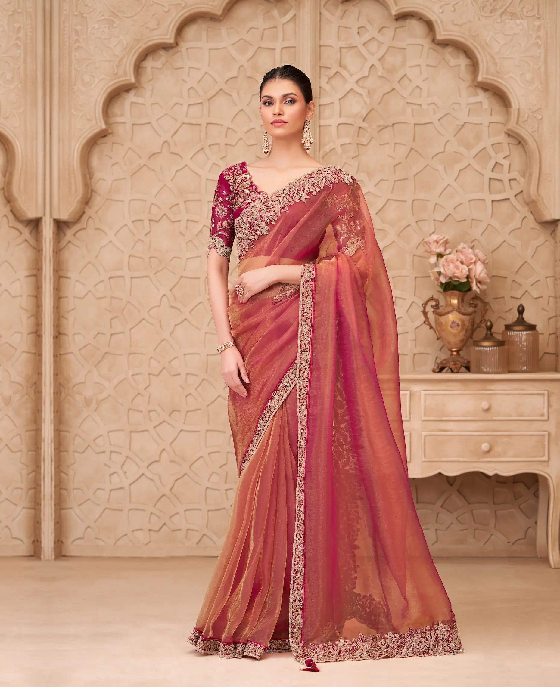 Rust Orange Sparkle Georgette Embroidery Party Wear Saree - qivii