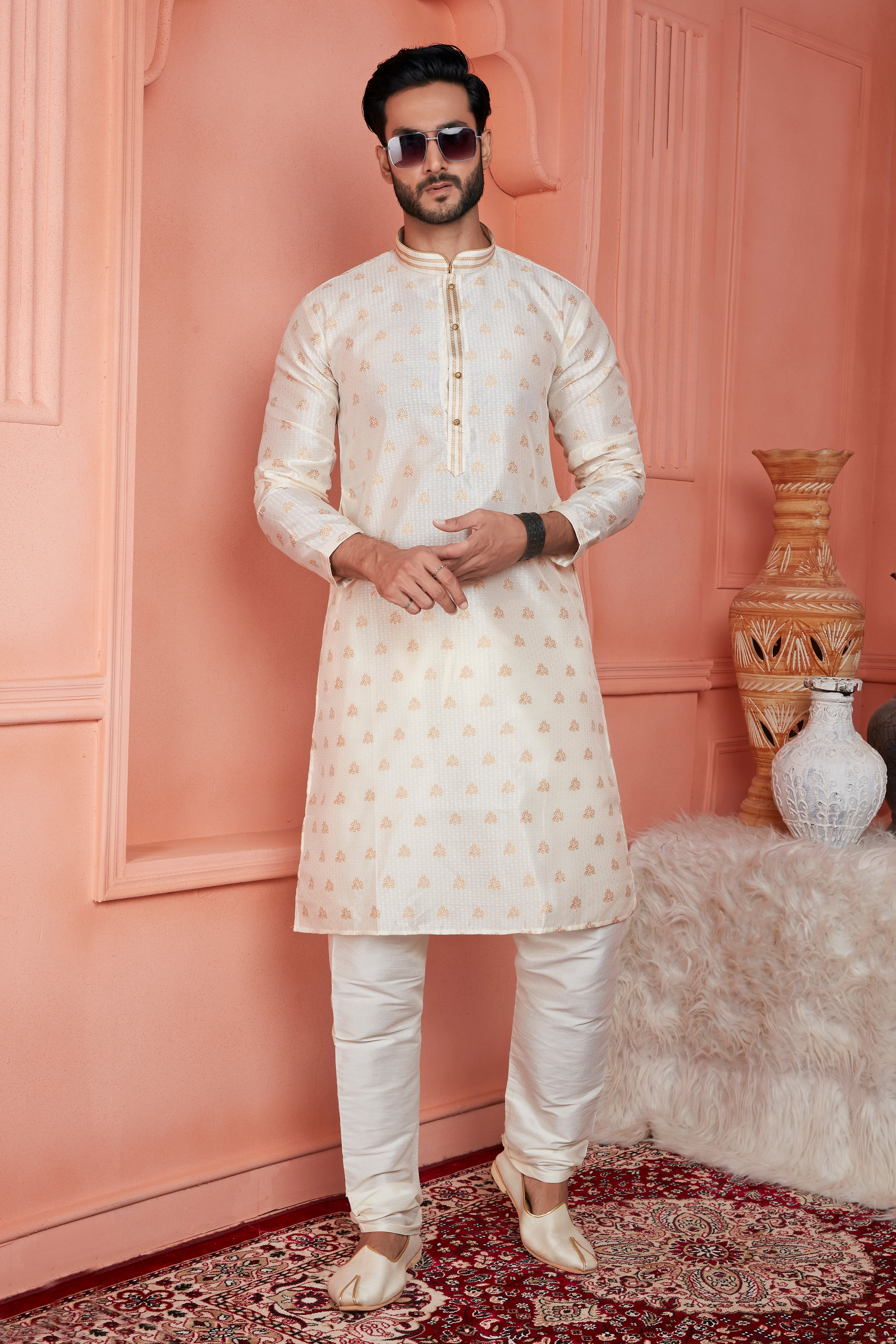 Men's Jacquard Banarasi Silk Pintux Work Kurta Pyjama In Cream Colour