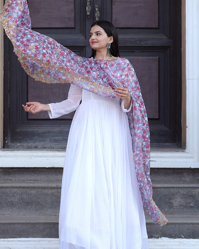 White Color Georgette Gown With Designer Dupatta  - By Qivii