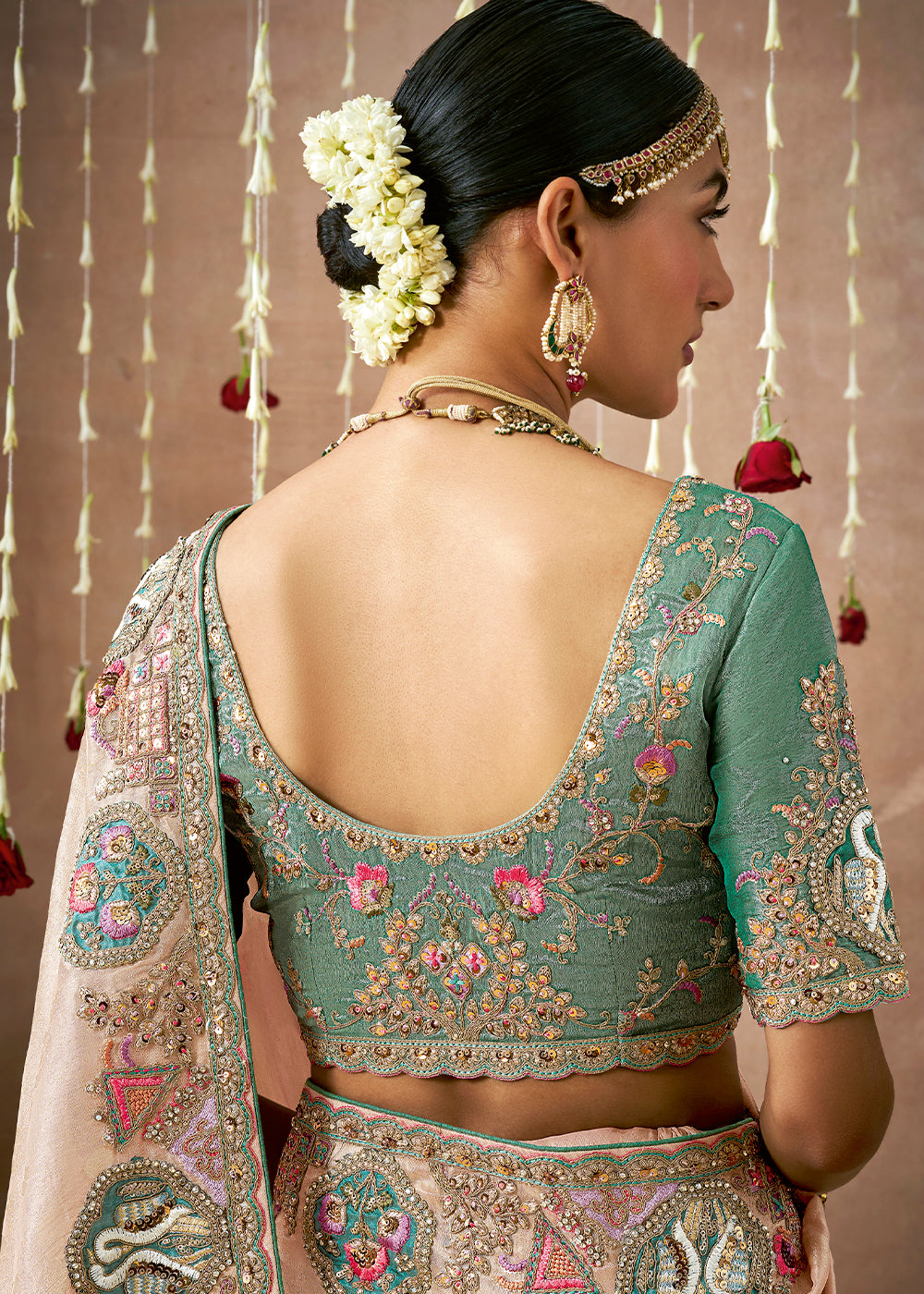 Pale Peach Pink Zari Woven Tissue Dola Silk Saree having Sequence, Pearl, Mirror & Thread Work: Festival Edition - qivii