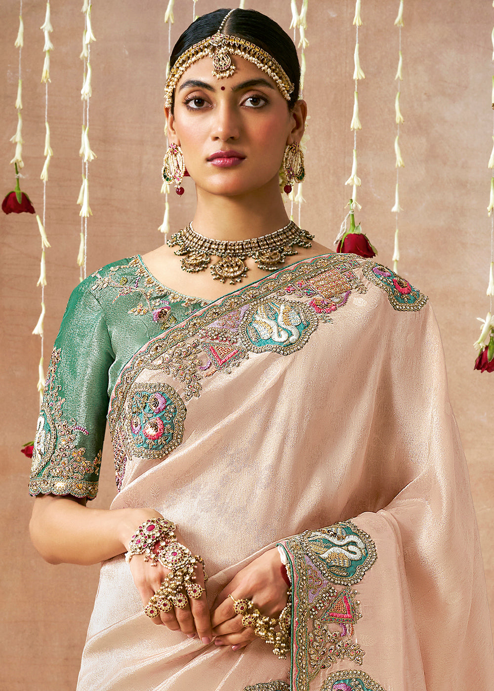 Pale Peach Pink Zari Woven Tissue Dola Silk Saree having Sequence, Pearl, Mirror & Thread Work: Festival Edition - qivii