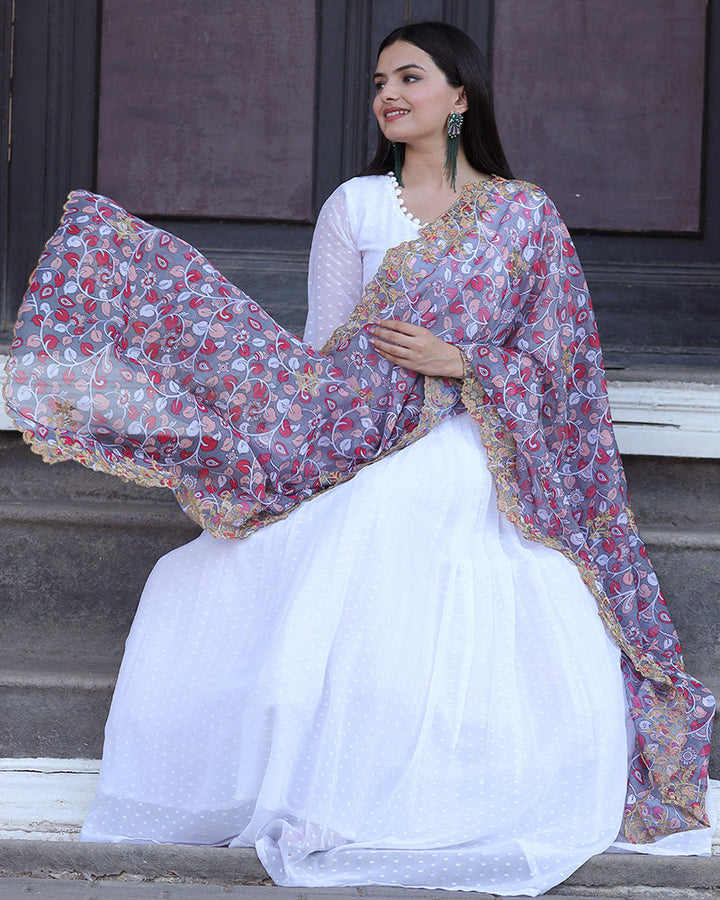 White Color Georgette Gown With Designer Dupatta  - By Qivii