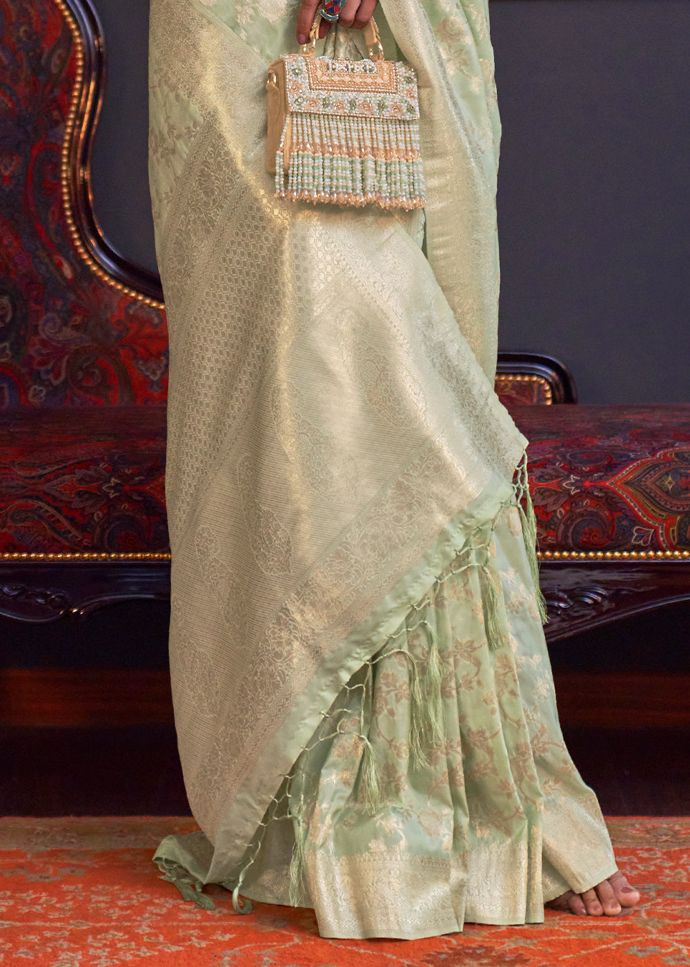 Pastel Green Zari Woven Banarasi Katan Silk Saree - qivii