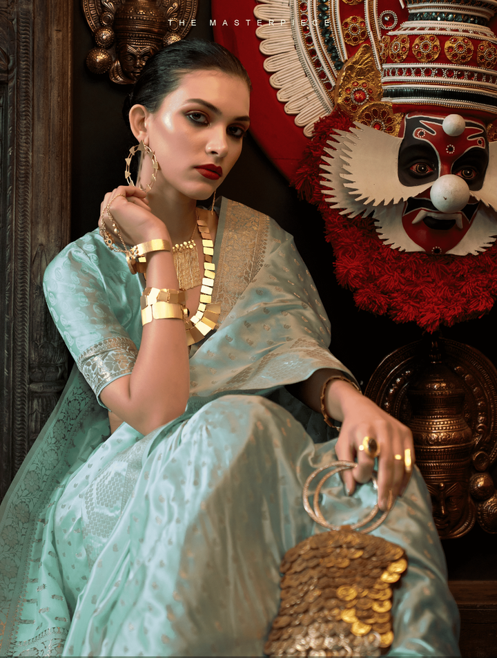 Women Stylish Semi Silk  Sea Green Saree with Silver Jari Border