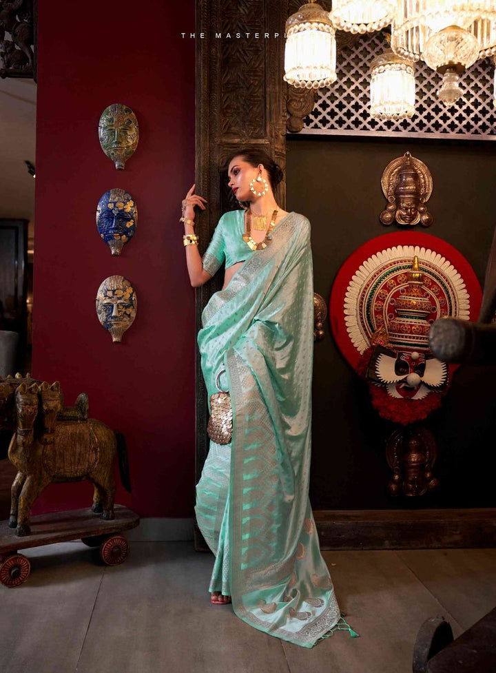 Women Stylish Semi Silk  Sea Green Saree with Silver Jari Border