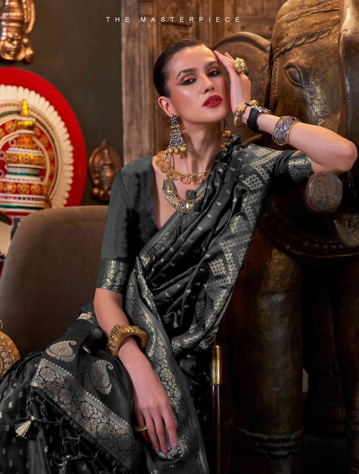 Women Stylish Semi Silk  Black Saree with Silver Jari Border