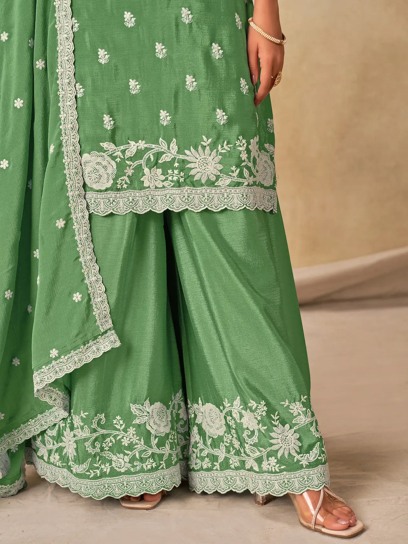 Pista Green Chinon Embroidery Work Palazzo Suit - qivii