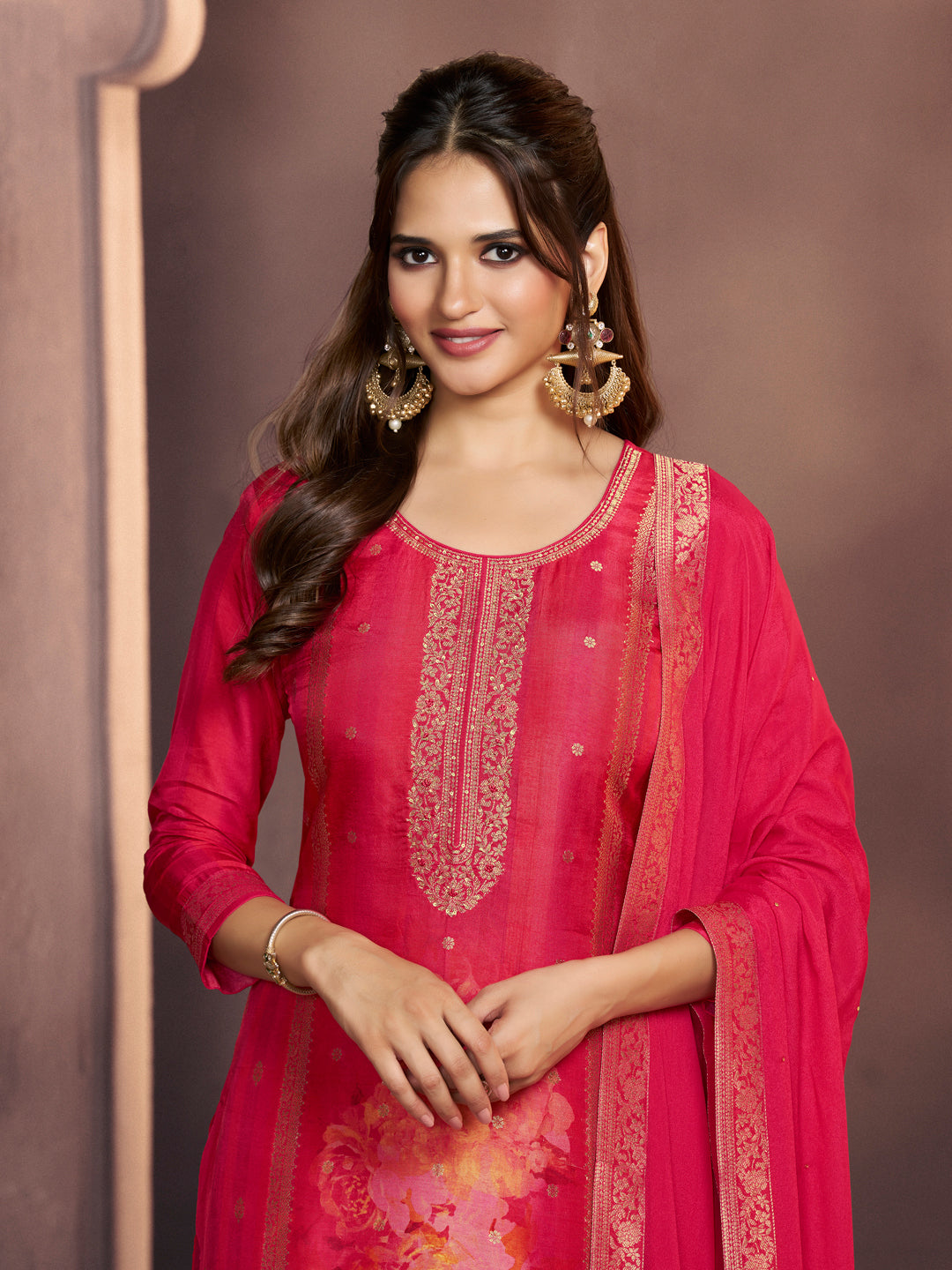 Amaranth Pink Premium Dola Silk Suit with Ethnic Motifs & Jacquard Accents