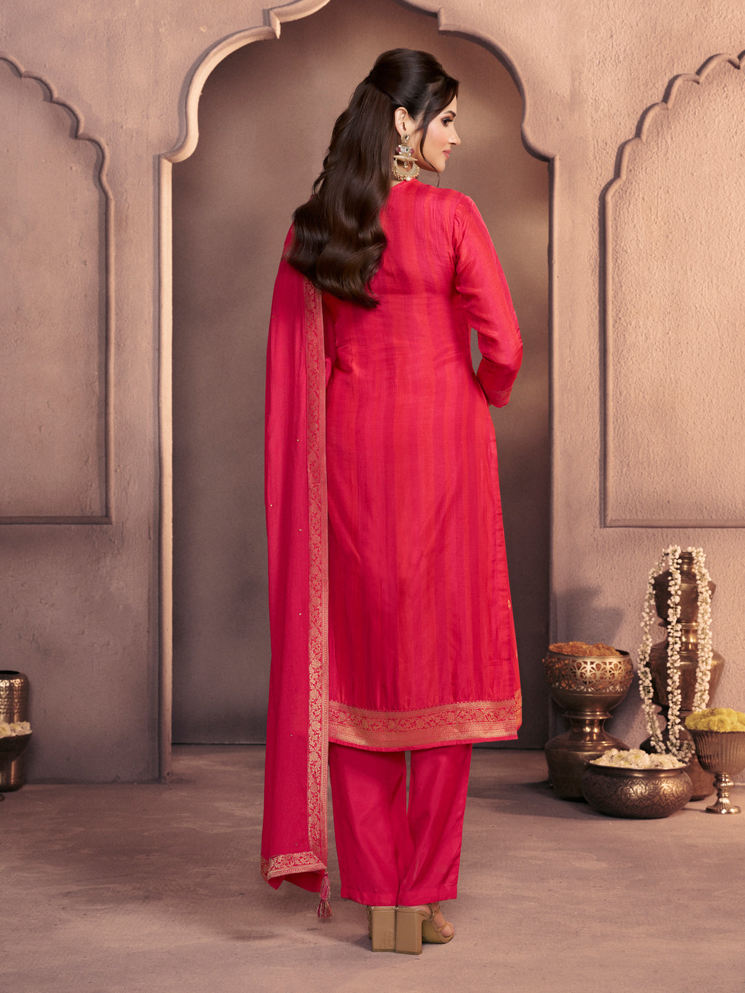 Amaranth Pink Premium Dola Silk Suit with Ethnic Motifs & Jacquard Accents