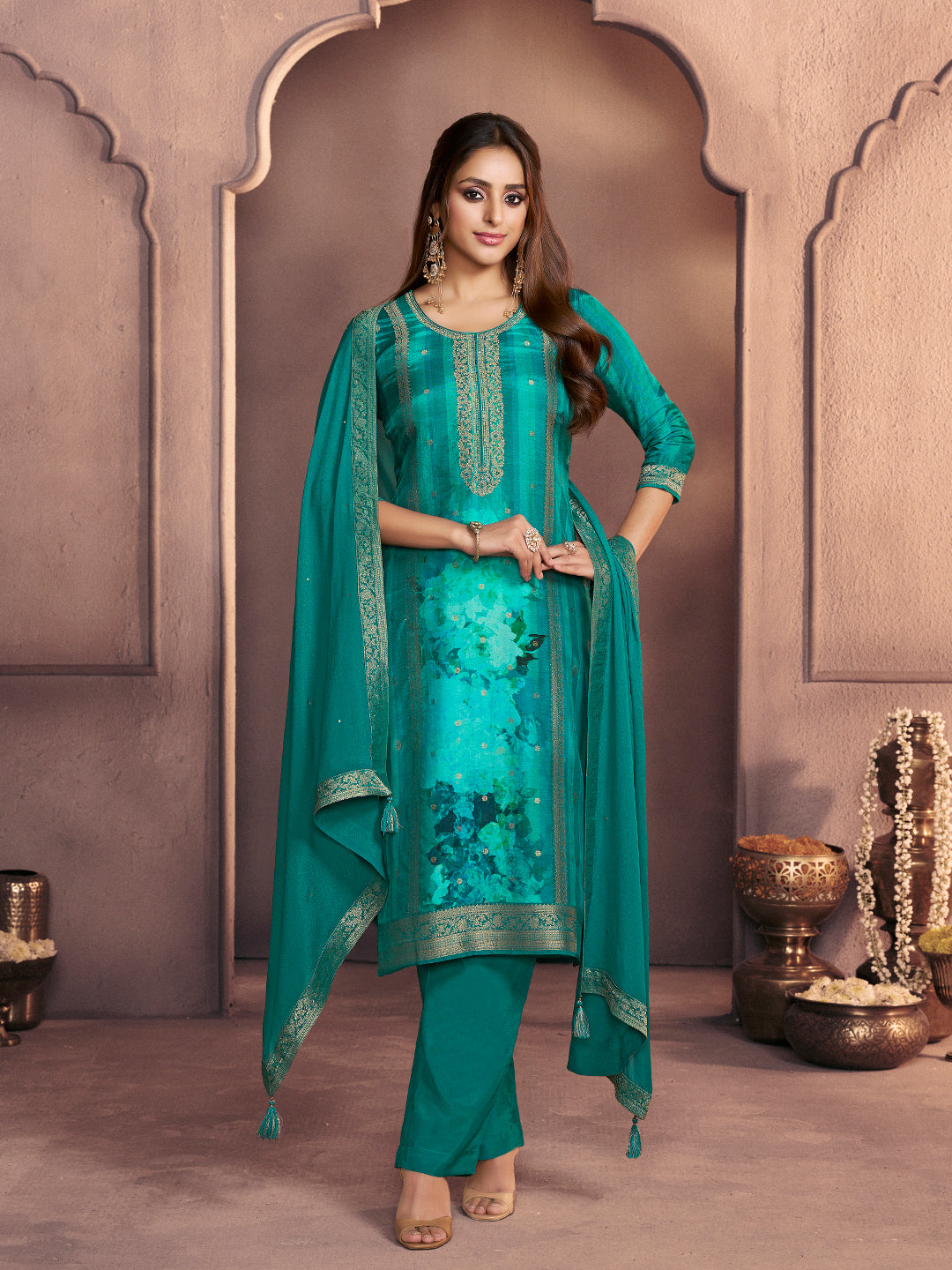 Bondi Blue Premium Dola Silk Suit with Ethnic Motifs & Jacquard Accents