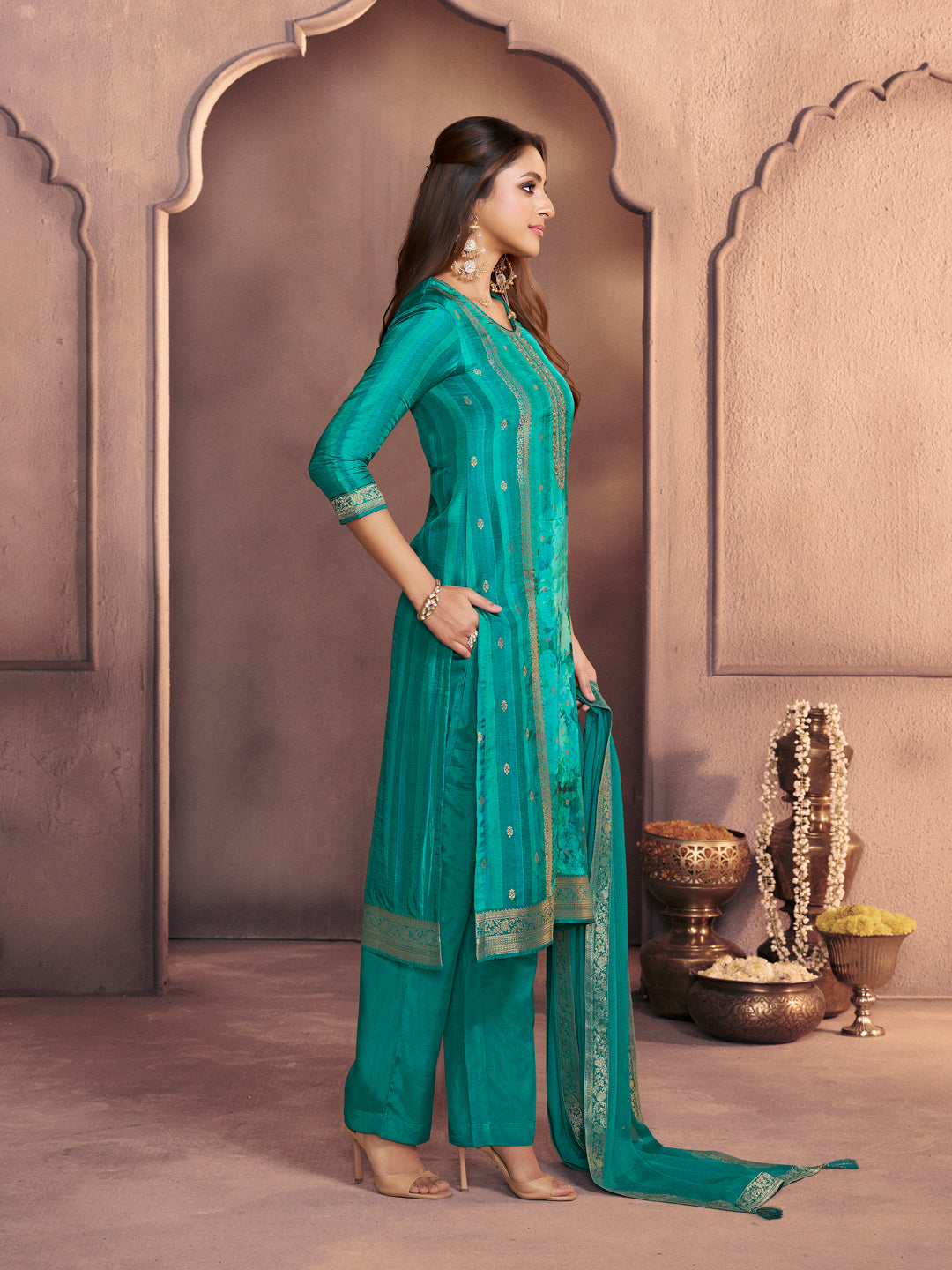 Bondi Blue Premium Dola Silk Suit with Ethnic Motifs & Jacquard Accents