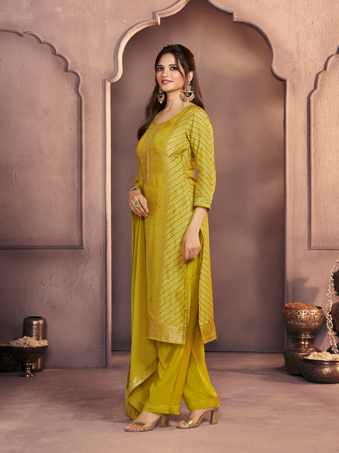 Mustard Yellow Premium Dola Silk Suit with Ethnic Motifs & Jacquard Detailing