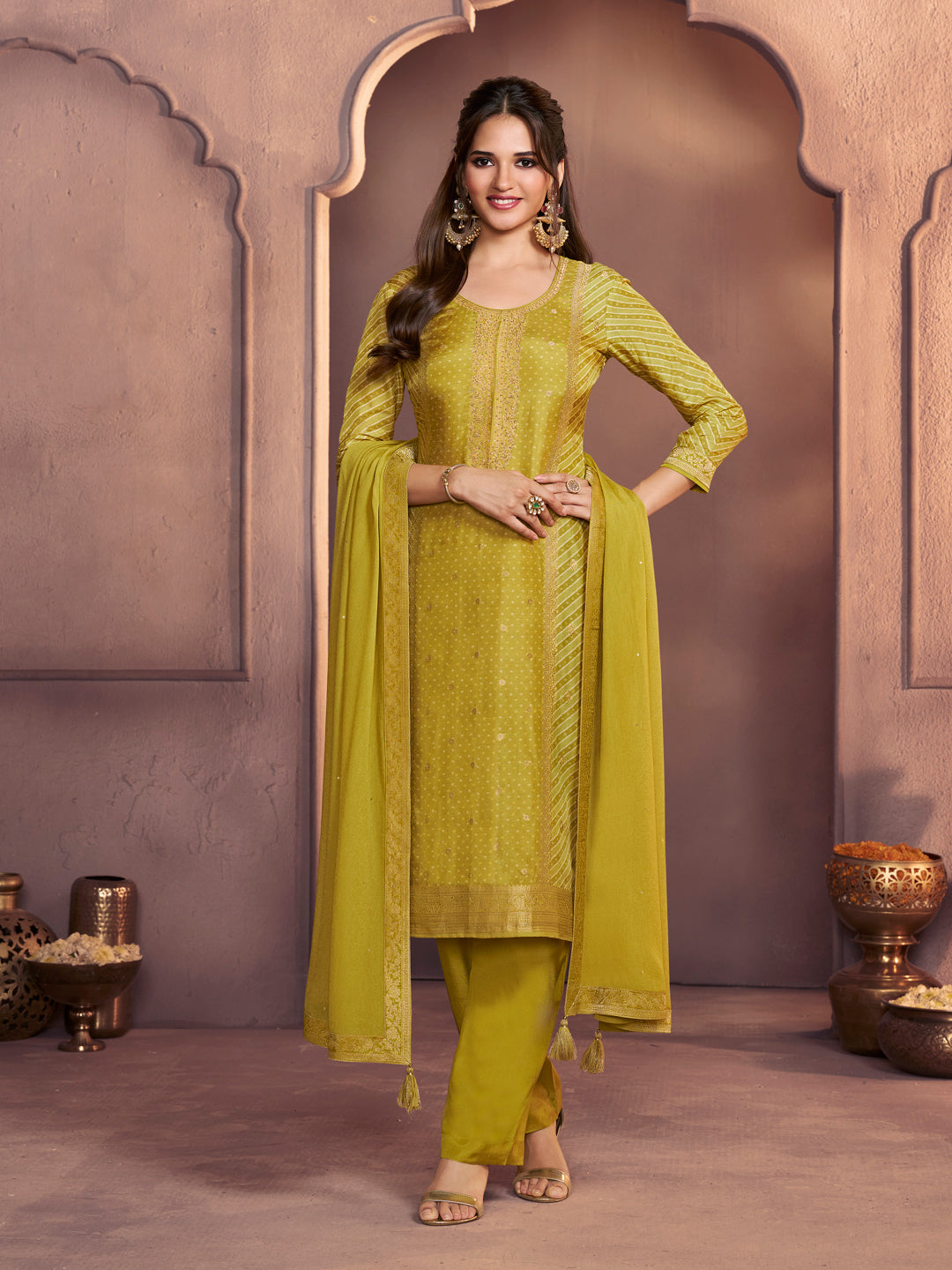 Mustard Yellow Premium Dola Silk Suit with Ethnic Motifs & Jacquard Detailing