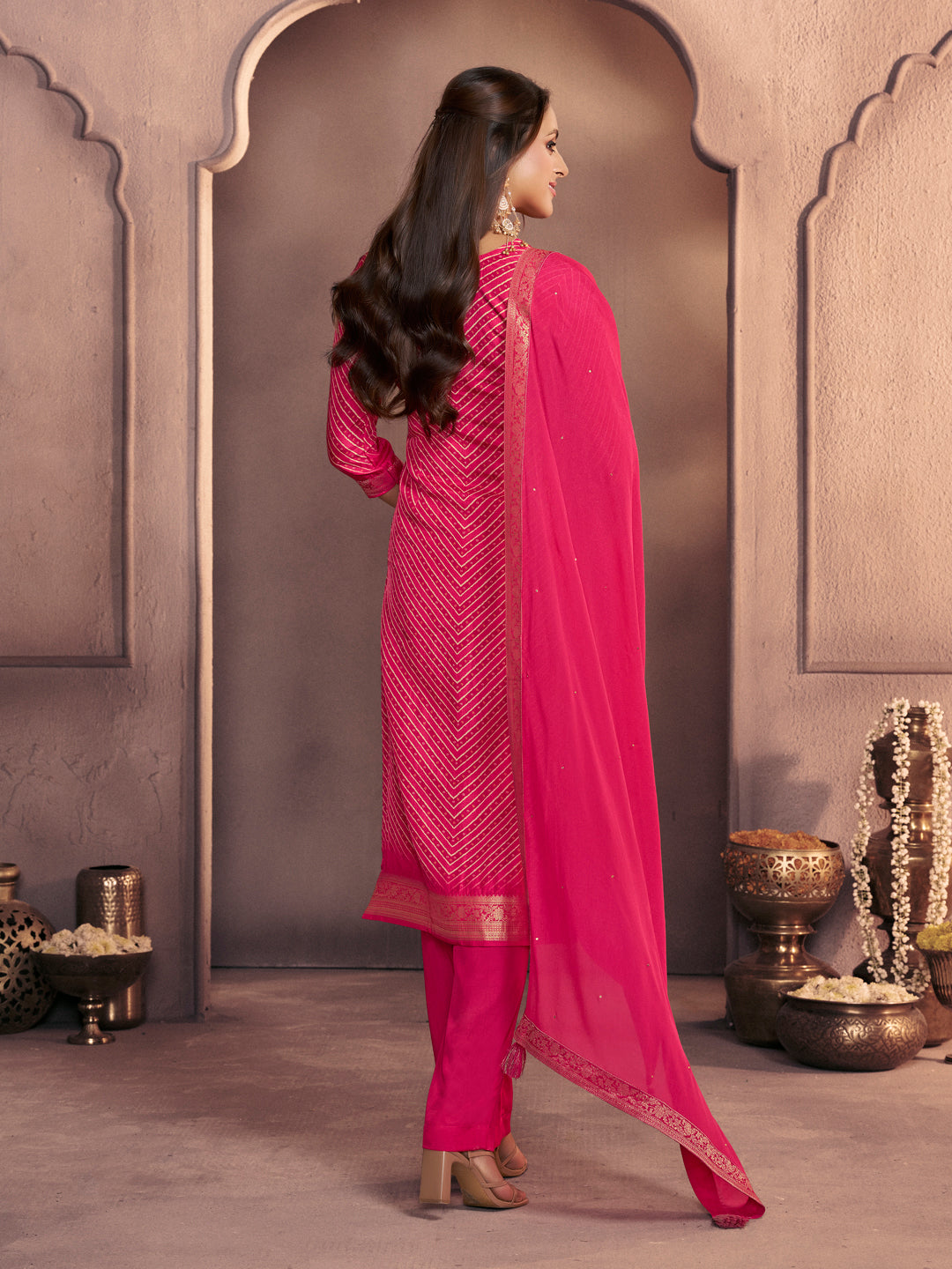 Crimson Pink Premium Dola Silk Suit with Ethnic Motifs & Jacquard Detailing