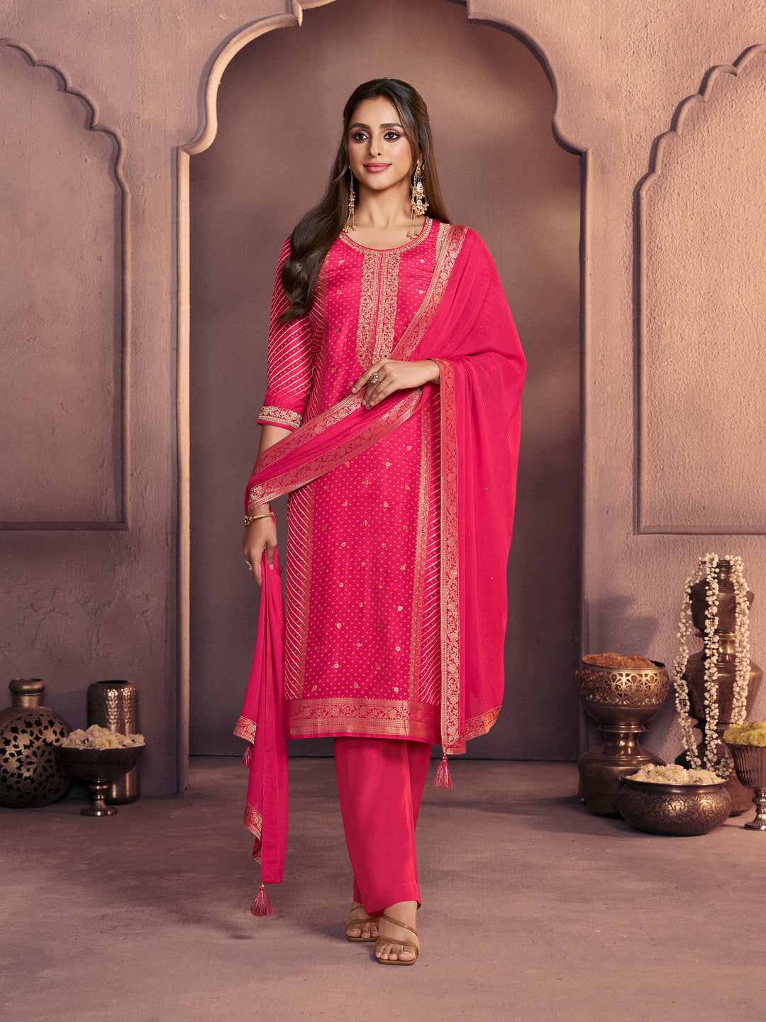 Crimson Pink Premium Dola Silk Suit with Ethnic Motifs & Jacquard Detailing