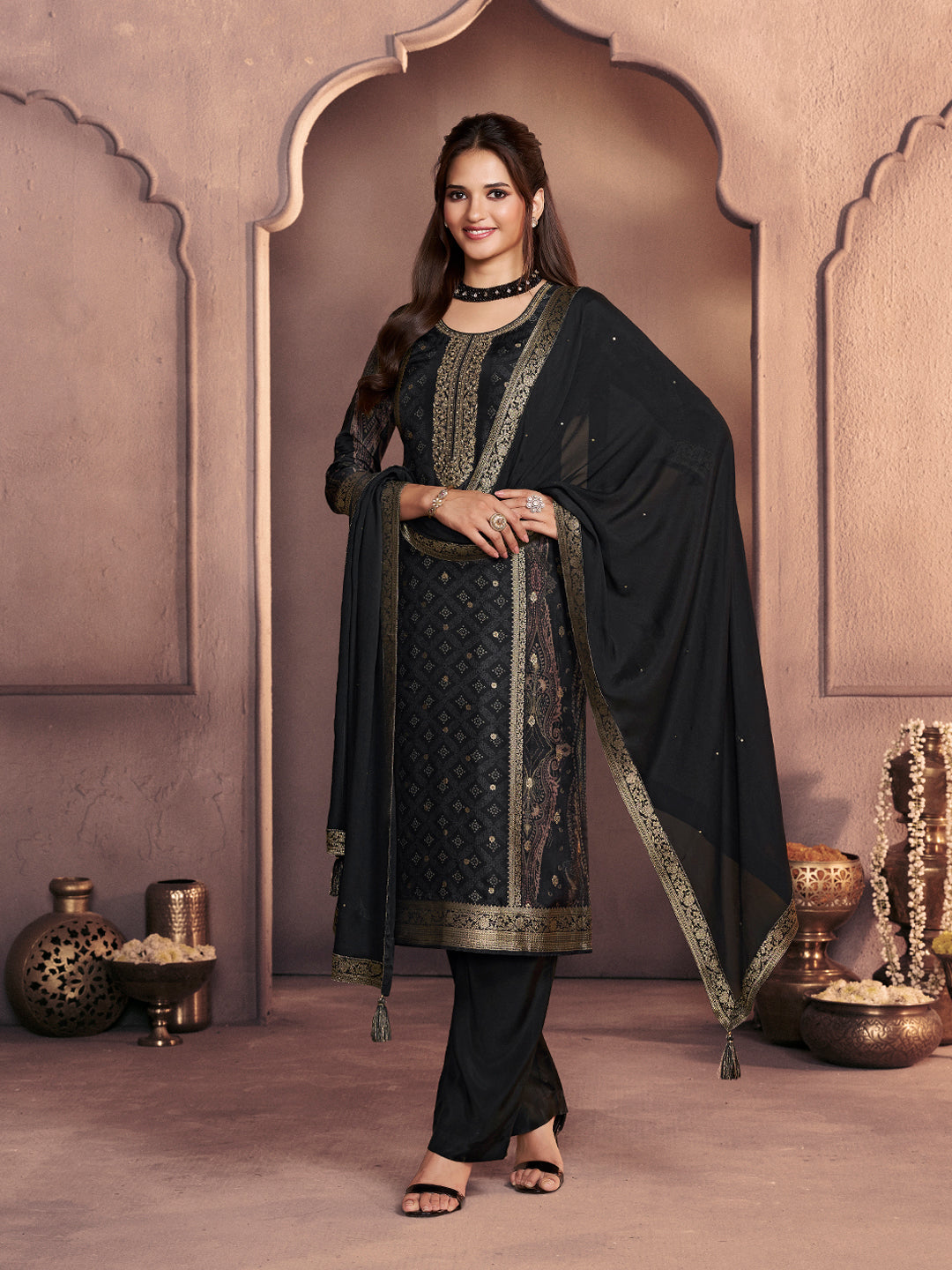 Black Premium Dola Silk Suit with Ethnic Motifs & Jacquard Embellishment