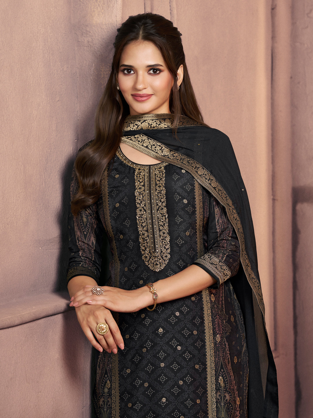 Black Premium Dola Silk Suit with Ethnic Motifs & Jacquard Embellishment