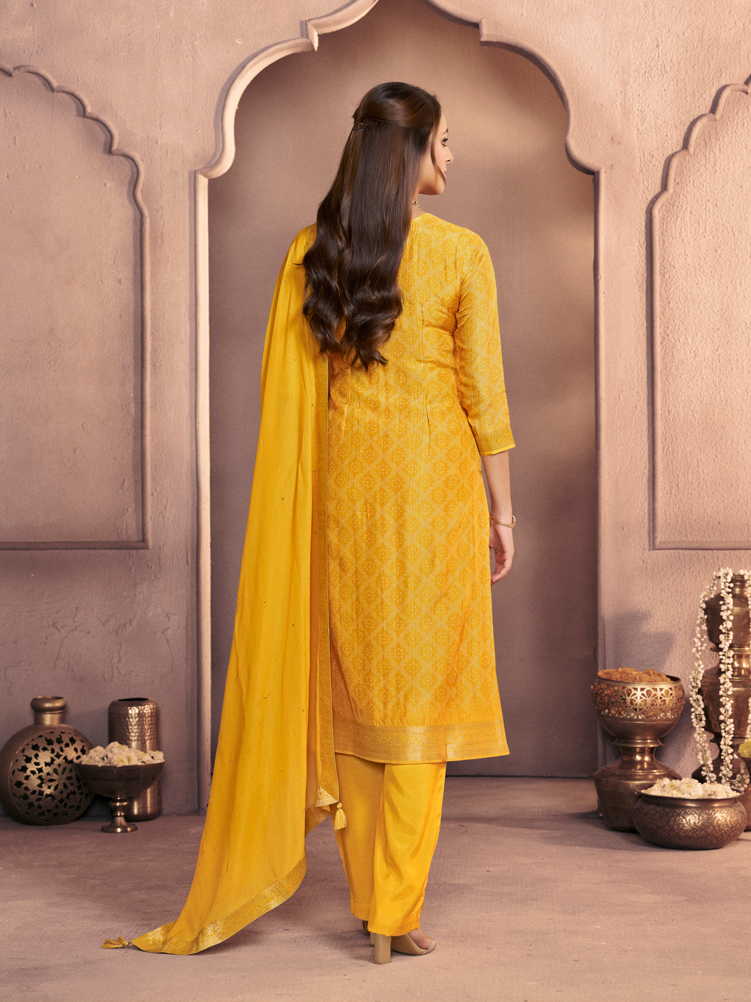 Yellow Premium Dola Silk Suit with Ethnic Motifs & Jacquard Detailing