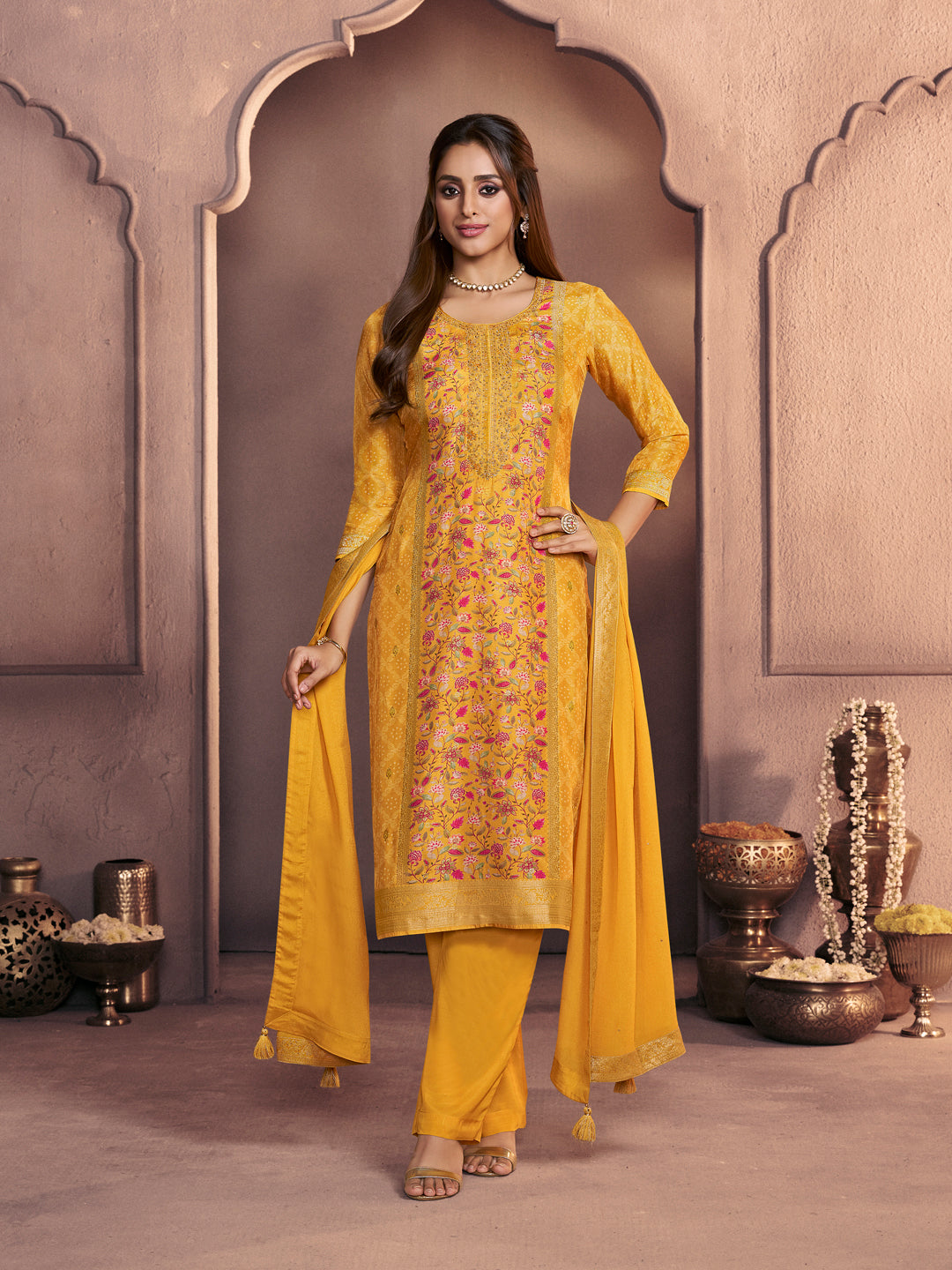 Yellow Premium Dola Silk Suit with Ethnic Motifs & Jacquard Detailing
