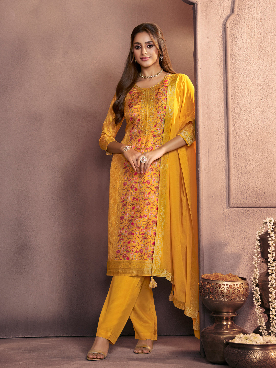Yellow Premium Dola Silk Suit with Ethnic Motifs & Jacquard Detailing