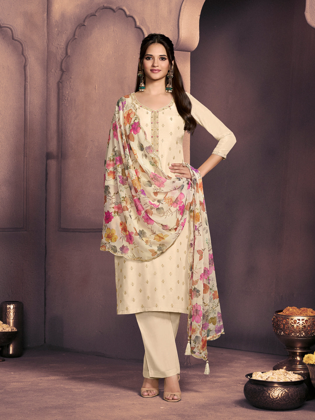 Off-White Dola Silk Suit with Ethnic Motifs & Embroidered Neckline