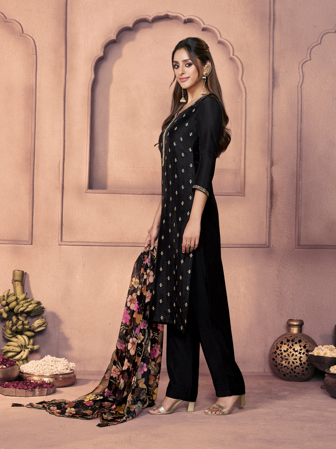 Black Dola Silk Suit with Ethnic Motifs and Embroidered Neckline
