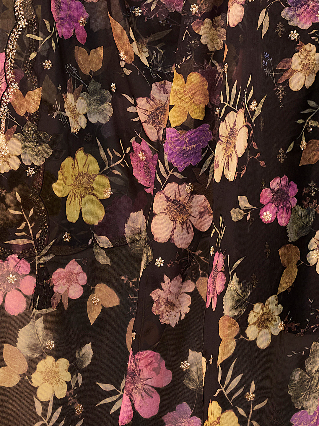 Black Dola Silk Suit with Ethnic Motifs and Embroidered Neckline