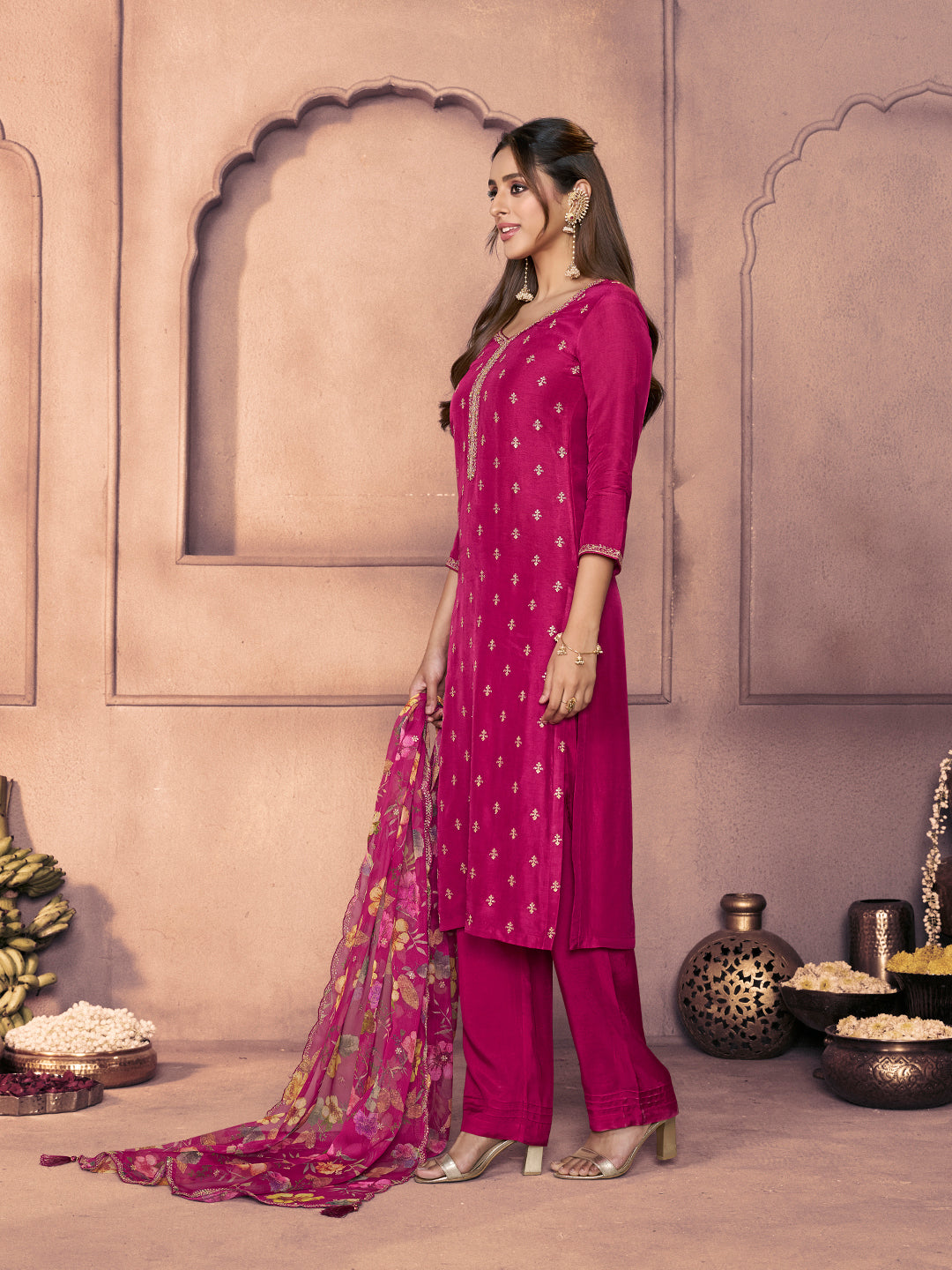Magenta Dola Silk Suit with Ethnic Motifs & Embroidered Neckline