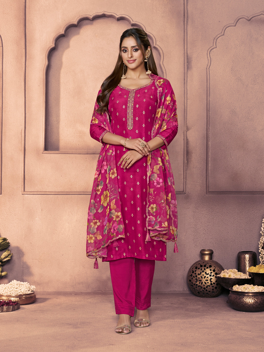 Magenta Dola Silk Suit with Ethnic Motifs & Embroidered Neckline