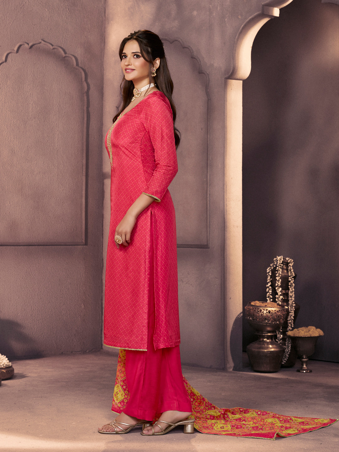 Dark Pink Russian Silk Suit with Printed Dupatta & Embroidered Neckline