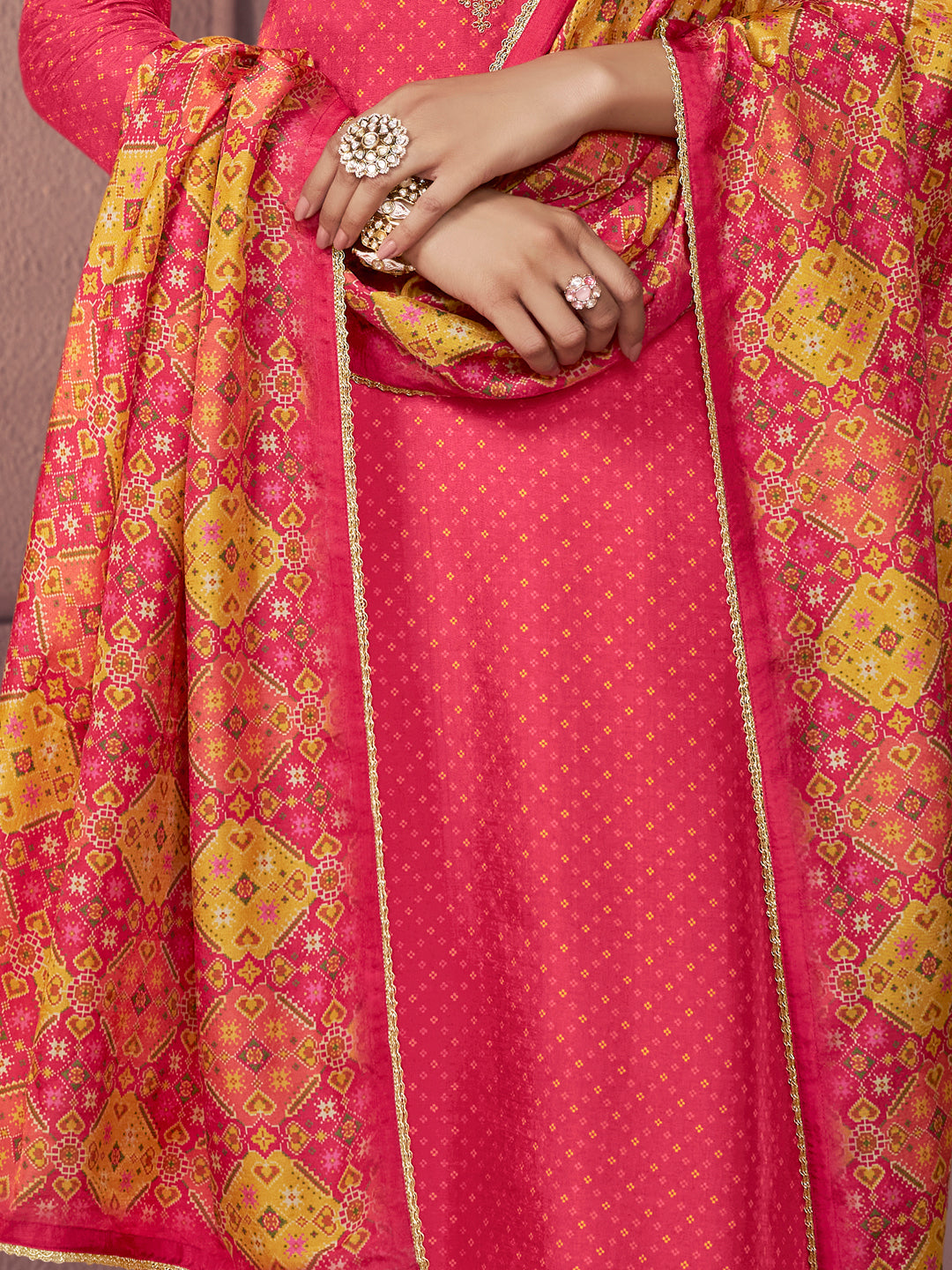 Dark Pink Russian Silk Suit with Printed Dupatta & Embroidered Neckline