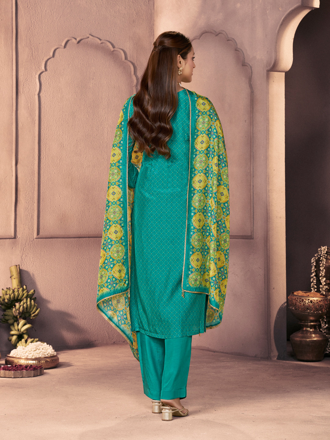 Aqua Blue Russian Silk Suit with Ethnic Motif Print & Embroidered Detailing