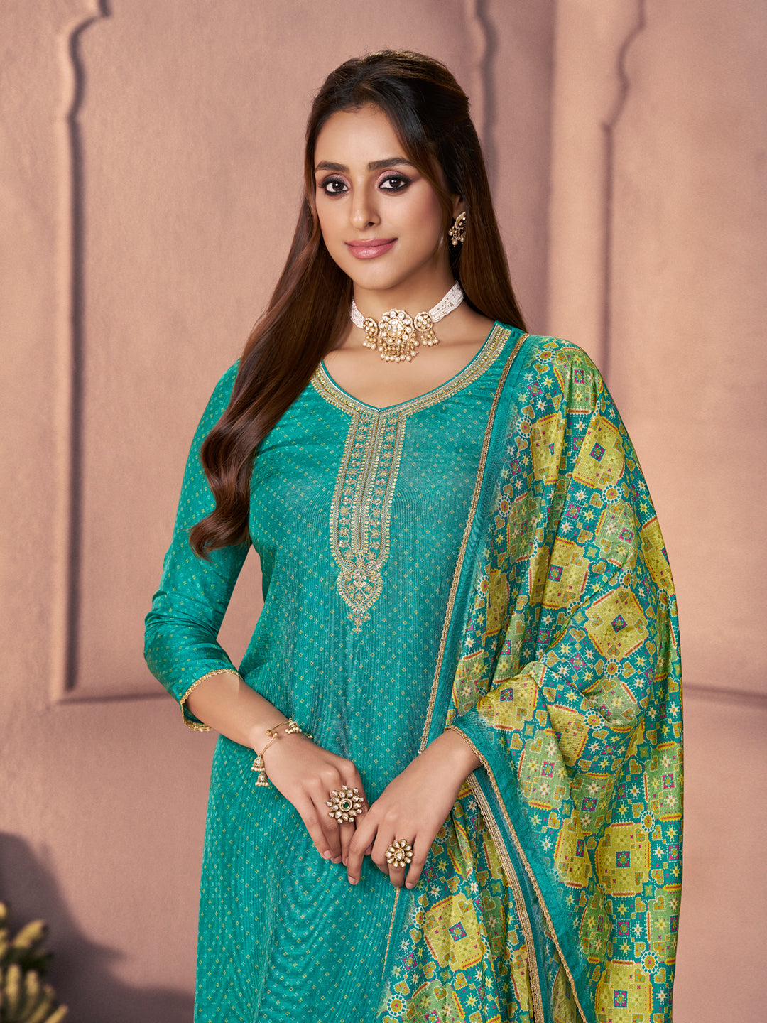 Aqua Blue Russian Silk Suit with Ethnic Motif Print & Embroidered Detailing