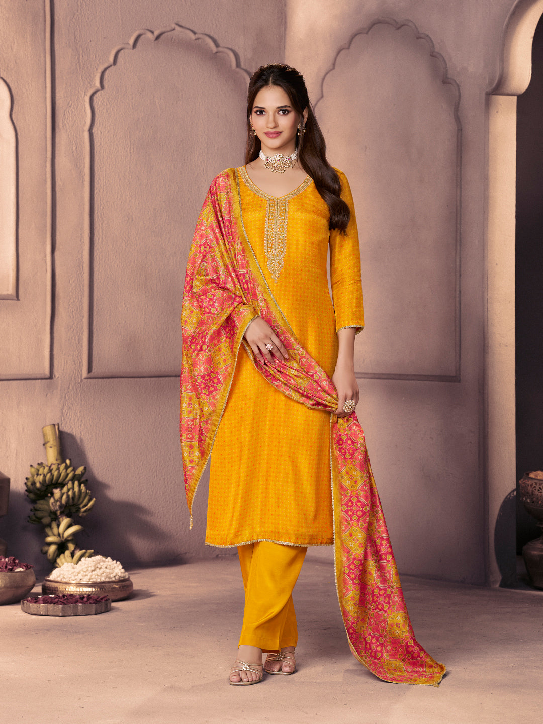 Amber Russian Silk Suit with Ethnic Motif Print & Embroidered Neckline