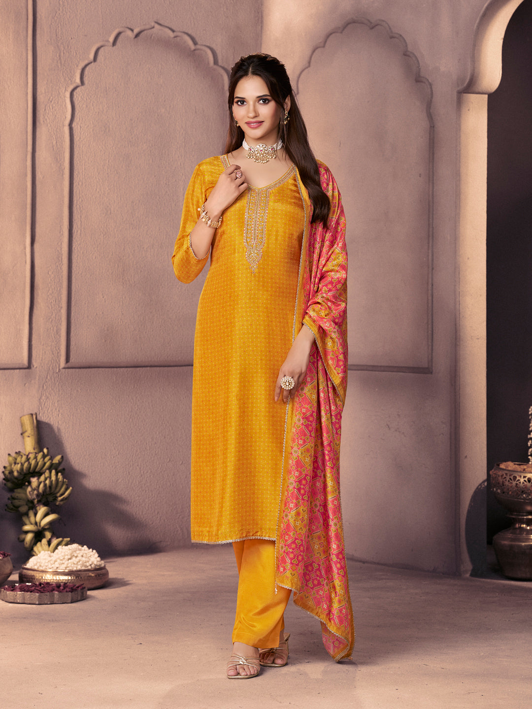 Amber Russian Silk Suit with Ethnic Motif Print & Embroidered Neckline