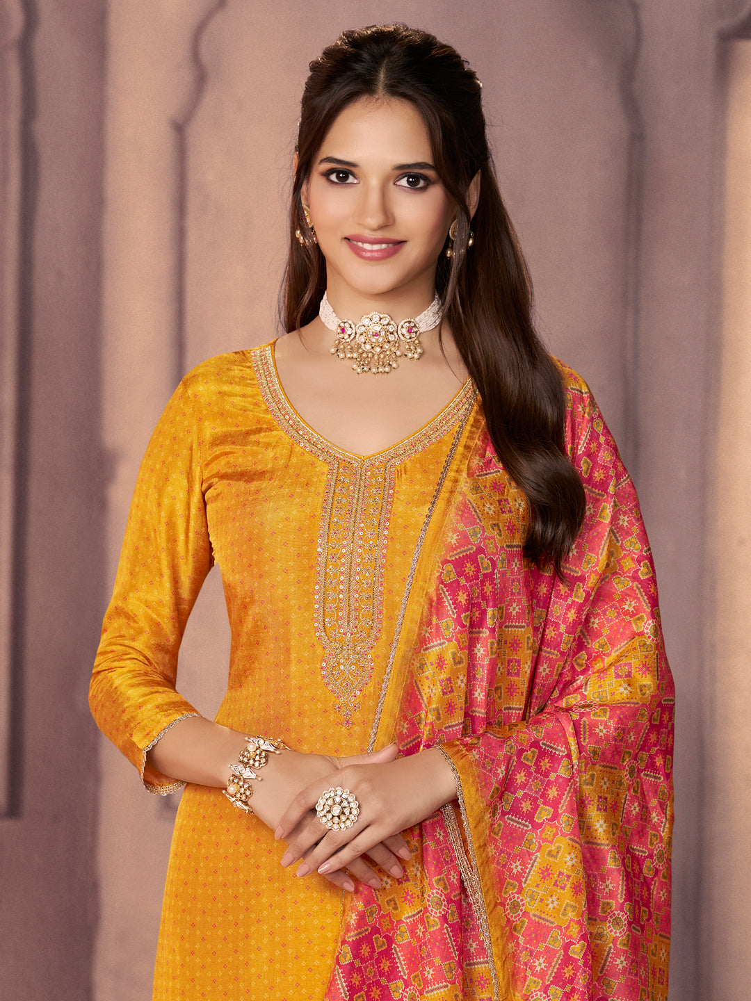 Amber Russian Silk Suit with Ethnic Motif Print & Embroidered Neckline