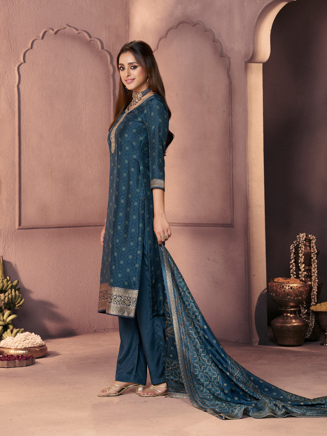 Teal Blue Premium Russian Silk Suit with Ethnic Motifs & Embroidered Neckline