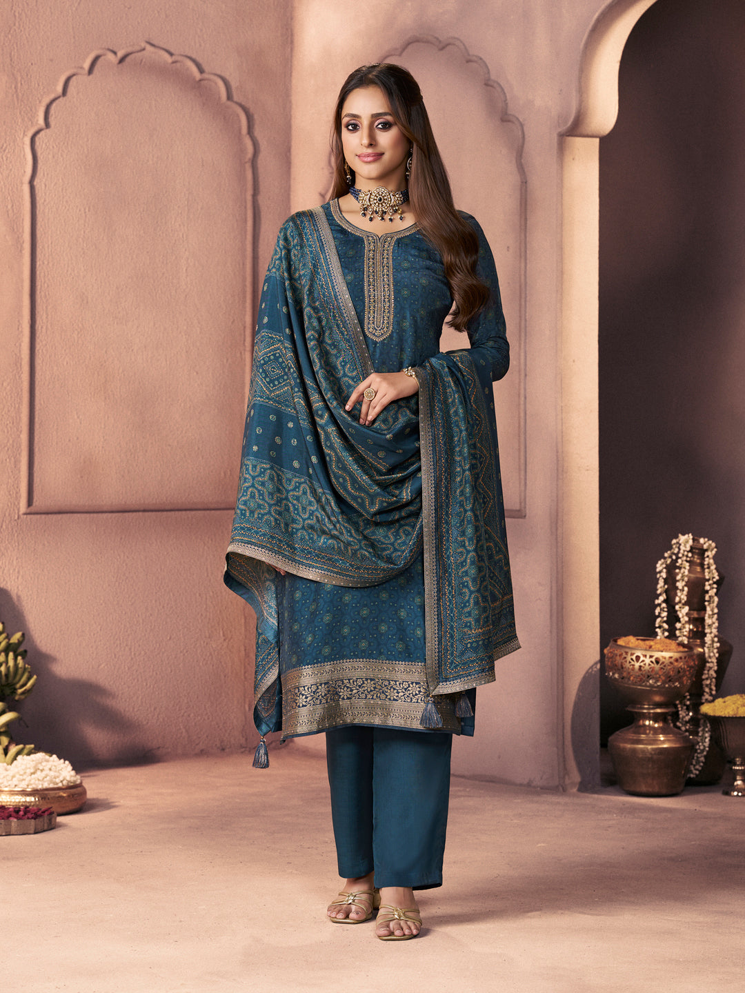 Teal Blue Premium Russian Silk Suit with Ethnic Motifs & Embroidered Neckline