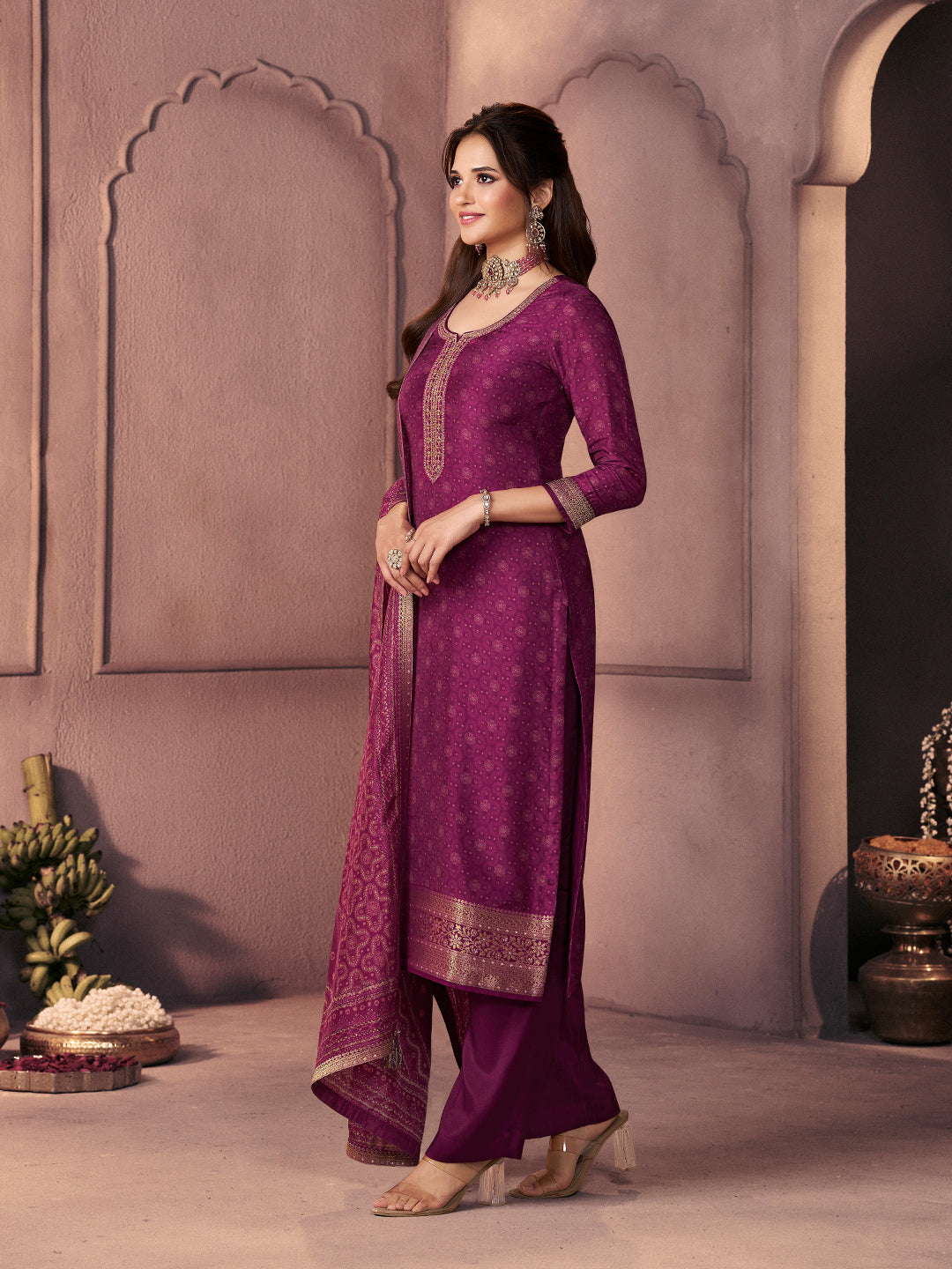 Magenta Premium Russian Silk Suit with Ethnic Motifs & Embroidered Neckline