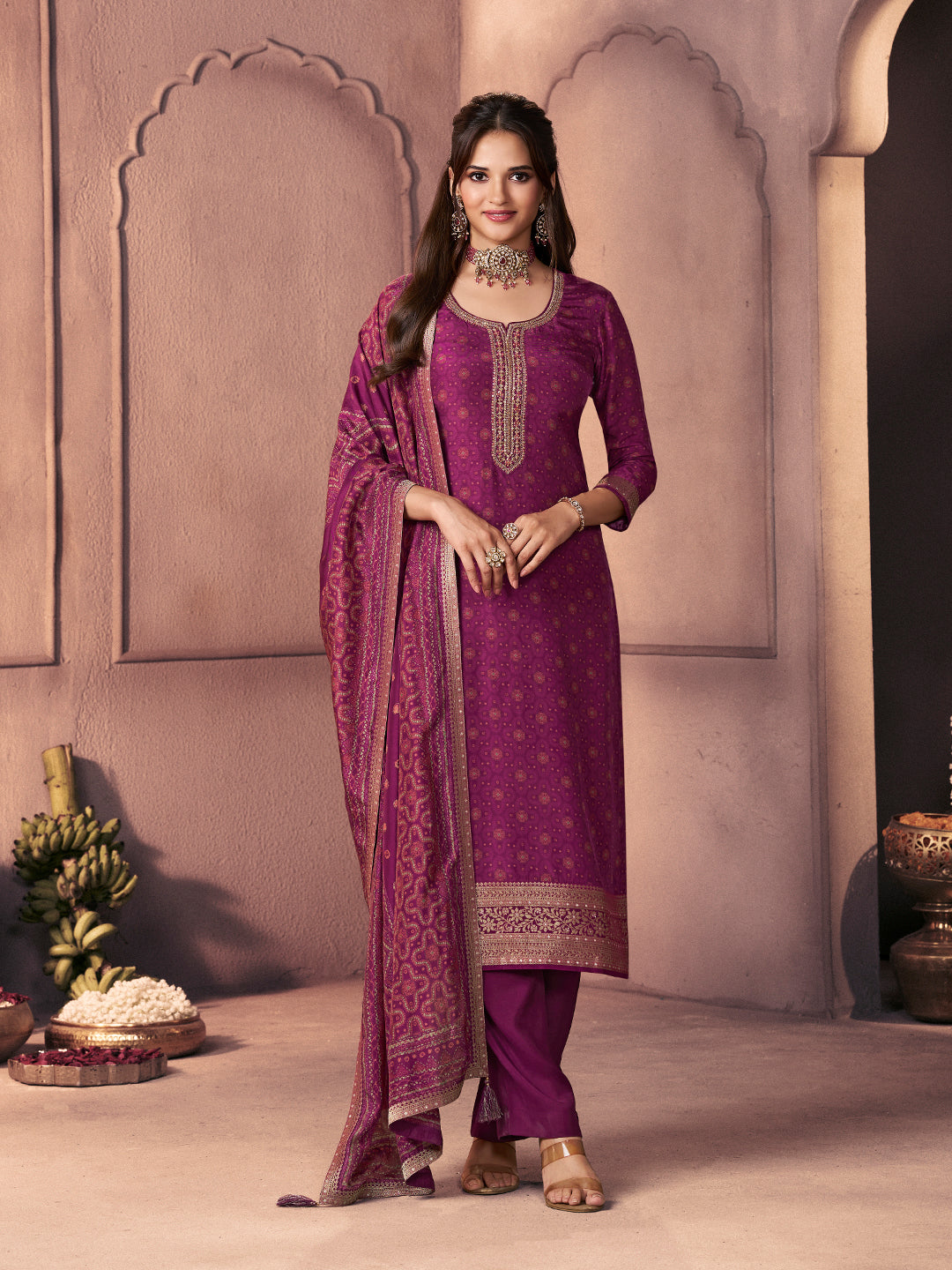 Magenta Premium Russian Silk Suit with Ethnic Motifs & Embroidered Neckline