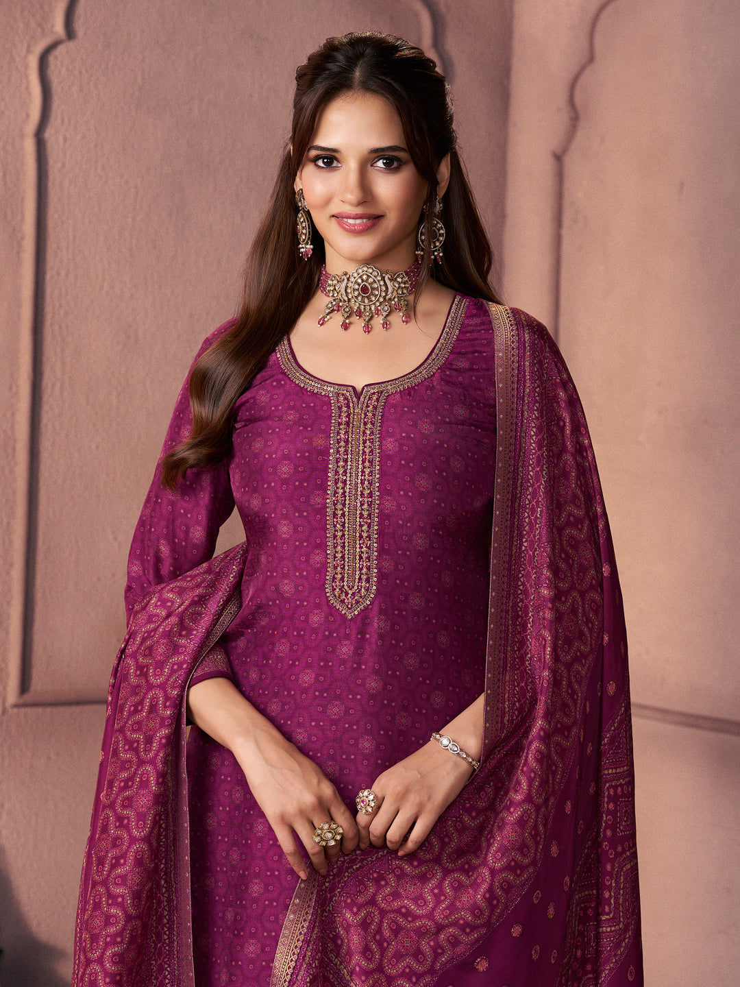 Magenta Premium Russian Silk Suit with Ethnic Motifs & Embroidered Neckline