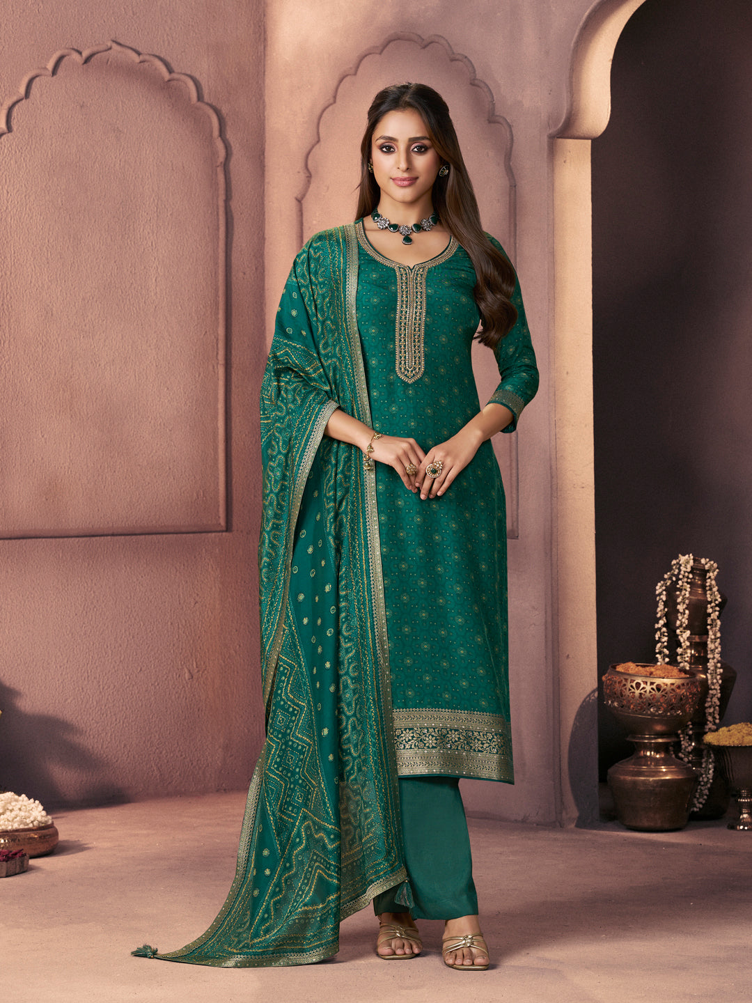 Teal Green Premium Russian Silk Suit with Ethnic Motifs & Embroidered Neckline