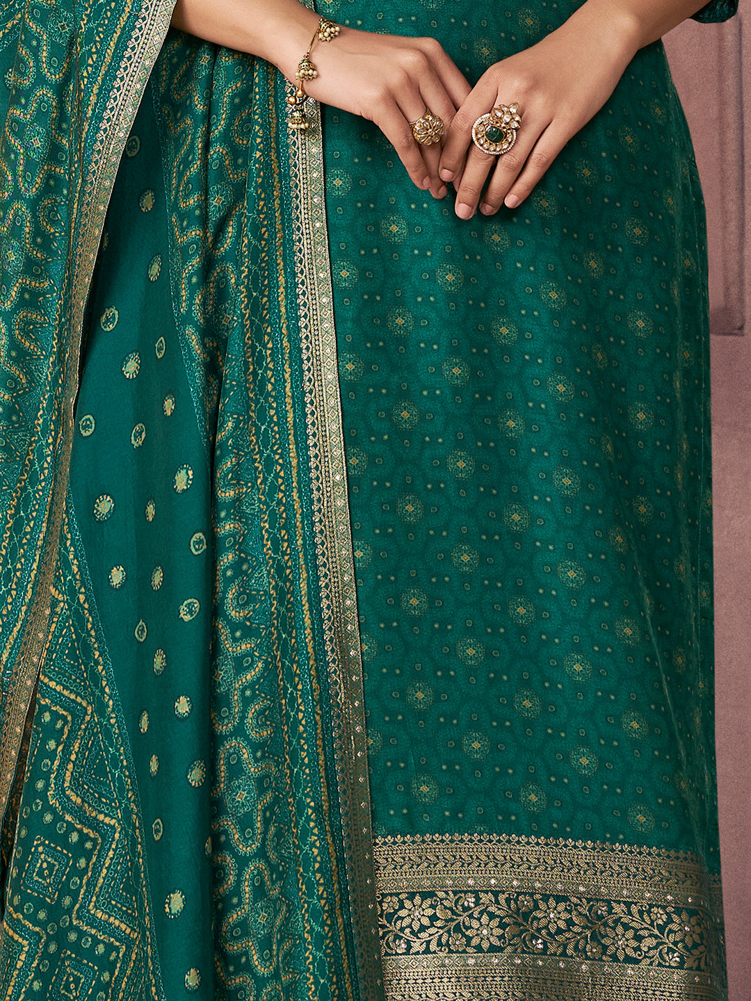 Teal Green Premium Russian Silk Suit with Ethnic Motifs & Embroidered Neckline