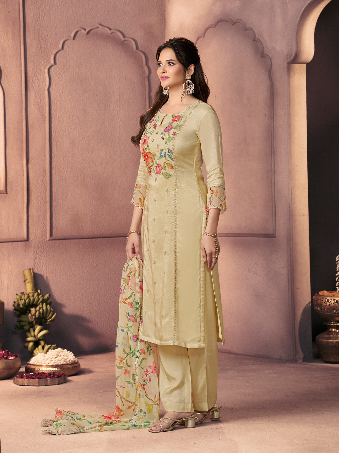 Bright Ivory Premium Dola Silk Suit with Ethnic Motifs & Bead-Work Accents