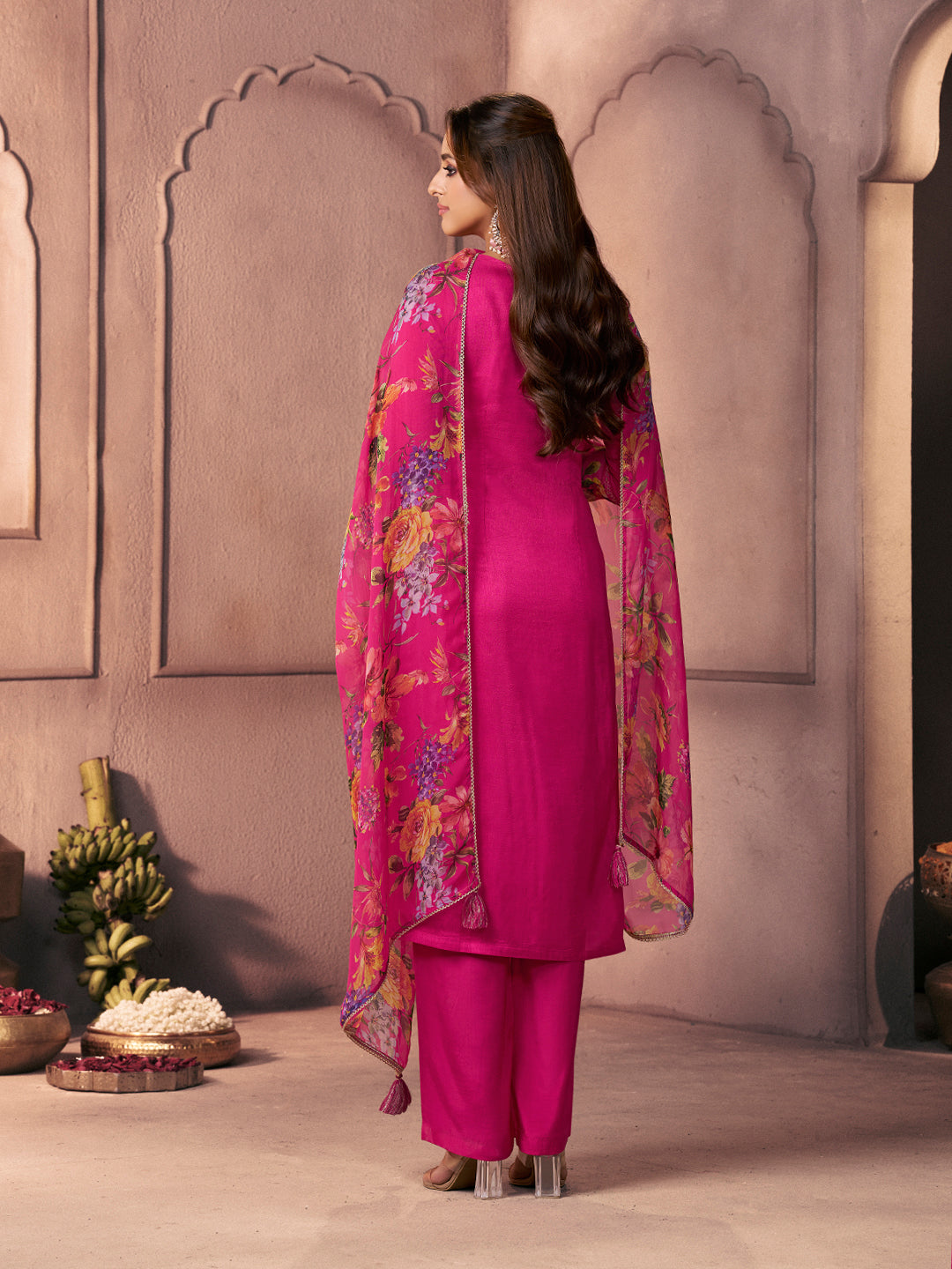 Fuchsia Pink Premium Dola Silk Suit with Ethnic Motifs & Bead-Work Accents