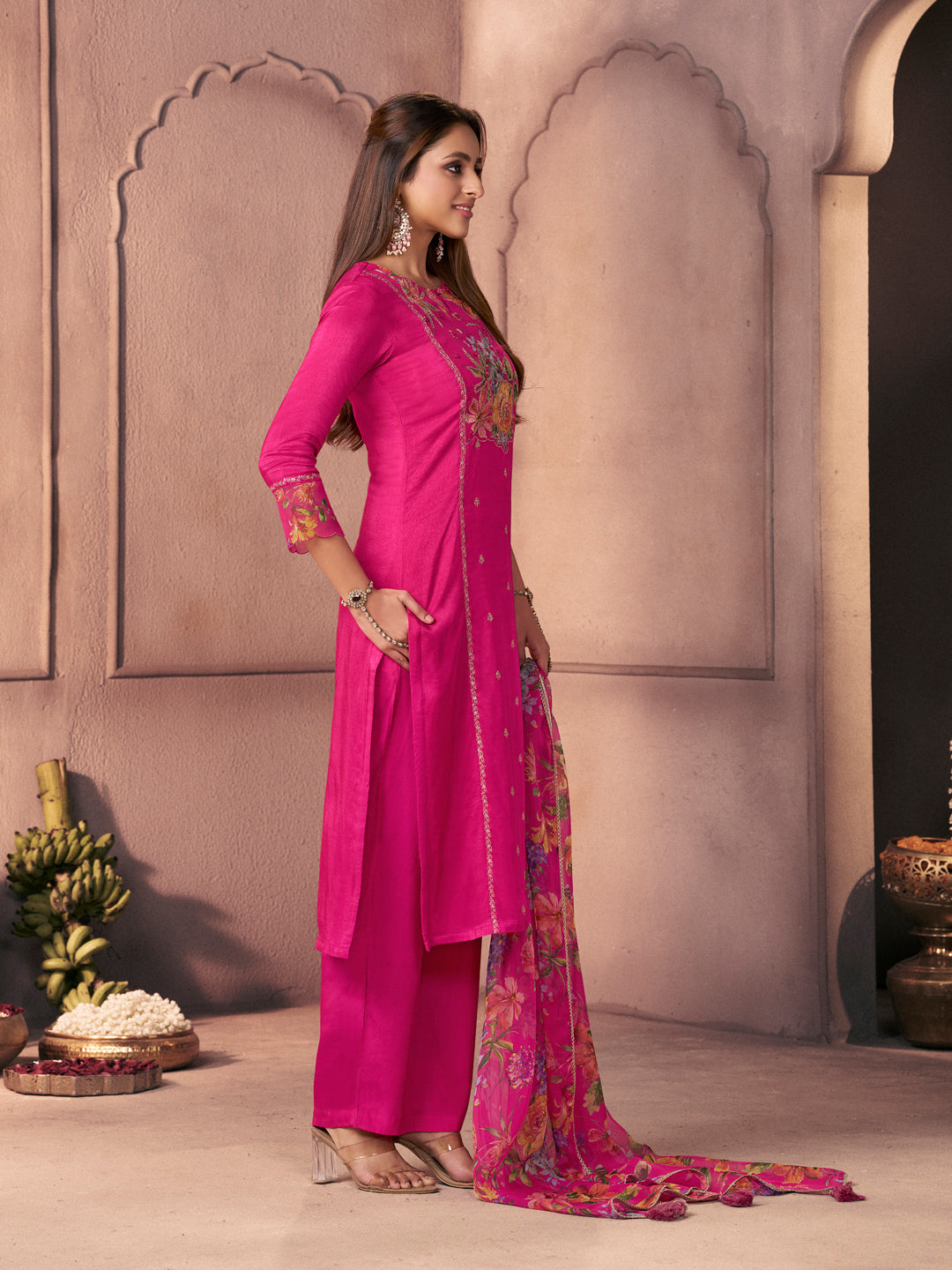 Fuchsia Pink Premium Dola Silk Suit with Ethnic Motifs & Bead-Work Accents