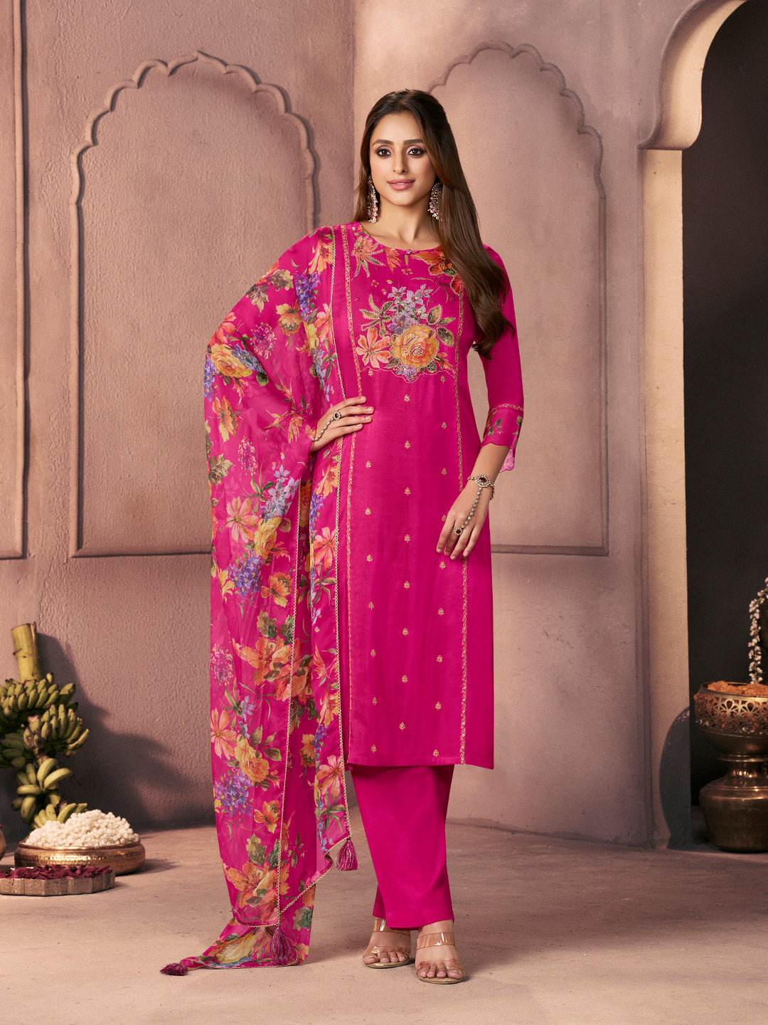Fuchsia Pink Premium Dola Silk Suit with Ethnic Motifs & Bead-Work Accents